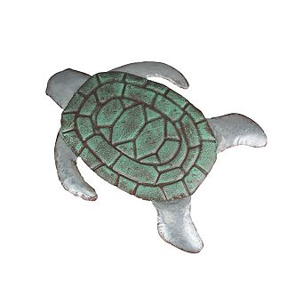 Galvanized Zinc Finish Metal Sea Turtle Wall Hanging With Painted Shell