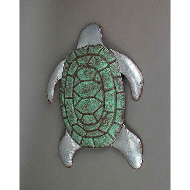 Galvanized Zinc Finish Metal Sea Turtle Wall Hanging With Painted Shell