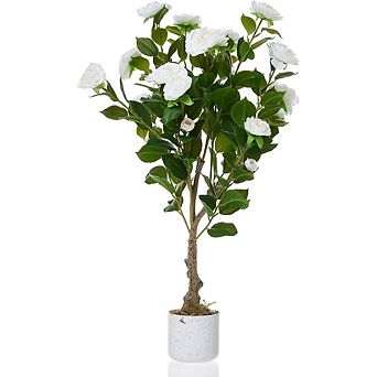 2.78ft Faux Camellia with Speckled Planter & 20 White Flowers