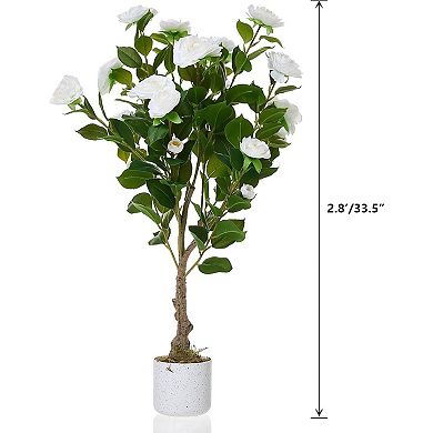 2.78ft Faux Camellia with Speckled Planter & 20 White Flowers