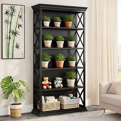 Industrial X-Pattern Bookcase with 5 Shelves for Books, Decor, and Plants