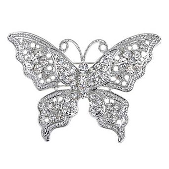 Clear Crystal Rhinestone Filigree Butterfly Brooch Pin - Pink or White Tone