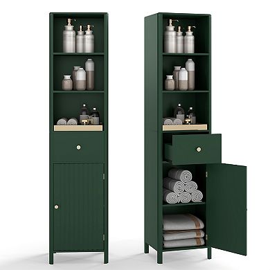67 Inch Tall Narrow Bathroom Floor Storage Cabinet with Fluted Door