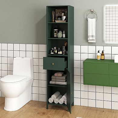 67 Inch Tall Narrow Bathroom Floor Storage Cabinet with Fluted Door