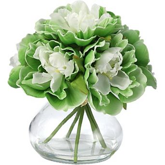 Peonies Artificial Flowers with Glass Vase, Silk Faux Peony Flower Arrangement with Faux Water