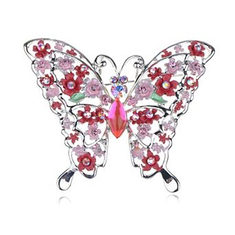 Floral Detail Filigree Fuchsia Pink AB Crystal Rhinestone Butterfly Pin Brooch
