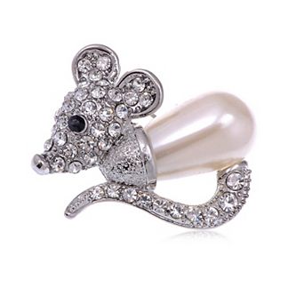 Silvery Tone Shine Clear Crystal Rhinestones Faux Pearl Body Cute Mouse Brooch Pin