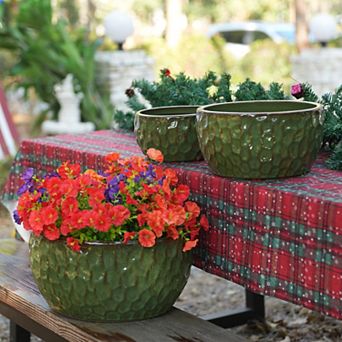 Loheer Handmade Green Glazed Ceramic Planter Set of Three with Hammered Texture for Plants