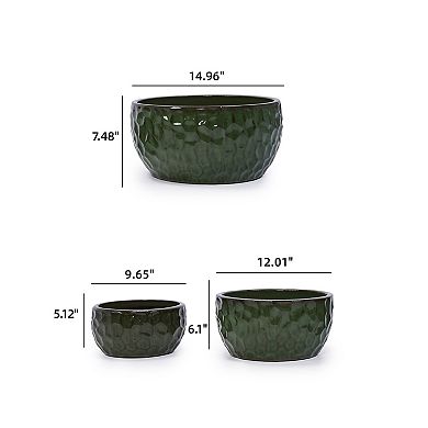 Loheer Handmade Green Glazed Ceramic Planter Set of Three with Hammered Texture for Plants