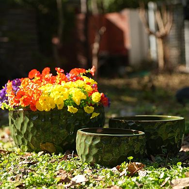 Loheer Handmade Green Glazed Ceramic Planter Set of Three with Hammered Texture for Plants