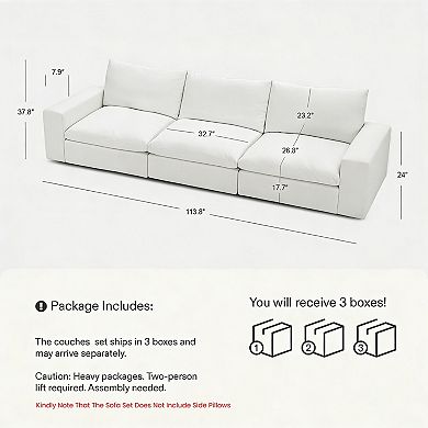 113.8" Modular Sectional Sofa, 3-Seater Comfy Cloud Couch for Living Room, Deep Seat