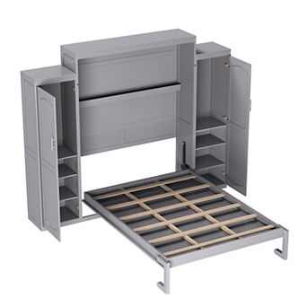 Pnronnc Wooden Queen Murphy Bed with 2 Wardrobes and Shelves Foldable Wall Bed for Guest Room