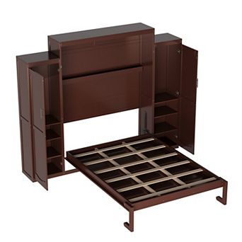 Pnronnc Wooden Queen Murphy Bed with 2 Wardrobes and Shelves Foldable Wall Bed for Guest Room