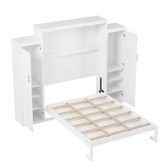 Pnronnc Wooden Queen Murphy Bed with 2 Wardrobes and Shelves Foldable Wall Bed for Guest Room