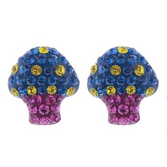 Silvery Tone Sparkly Multicolored Crystal Mushroom Ag Stud Earrings