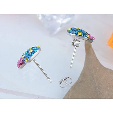 Silvery Tone Sparkly Multicolored Crystal Mushroom Ag Stud Earrings