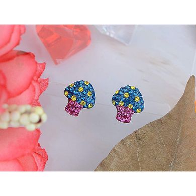 Silvery Tone Sparkly Multicolored Crystal Mushroom Ag Stud Earrings