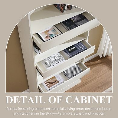 76" Tall Arched Bathroom Cabinet, 5-Tier Wood Storage Organizer w/ Hidden Drawers and Magnetic Lock