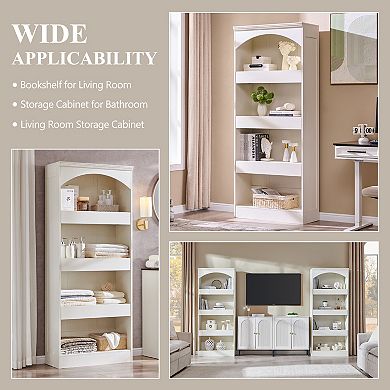 76" Tall Arched Bathroom Cabinet, 5-Tier Wood Storage Organizer w/ Hidden Drawers and Magnetic Lock