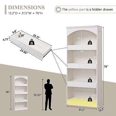 76" Tall Arched Bathroom Cabinet, 5-Tier Wood Storage Organizer w/ Hidden Drawers and Magnetic Lock