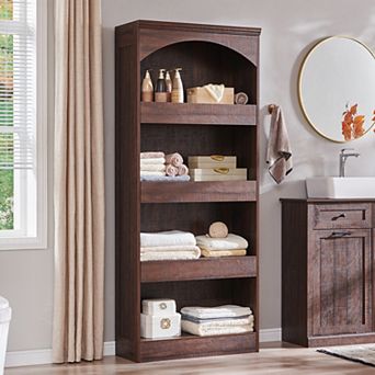 76" Tall Arched Bathroom Cabinet, 5 tier Wood Storage Organizer w/ Hidden Drawers and Magnetic Lock