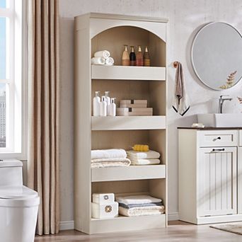 76" Tall Arched Bathroom Cabinet, 5 tier Wood Storage Organizer w/ Hidden Drawers and Magnetic Lock