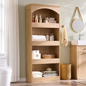 76" Tall Arched Bathroom Cabinet, 5 tier Wood Storage Organizer w/ Hidden Drawers and Magnetic Lock