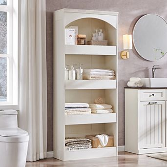 76" Tall Arched Bathroom Cabinet, 5 tier Wood Storage Organizer w/ Hidden Drawers and Magnetic Lock