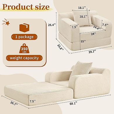 40" W Folding Sofa Bed, 2-in-1 Convertible Bed Sofa to Boneless Sleeper Chair for Adult