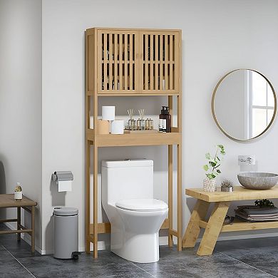 Over the Toilet Storage Cabinet with Slatted Doors and Open Shelf