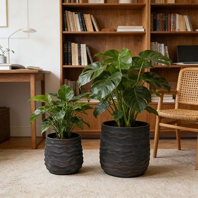 KWPZQEB Lightweight Magnesium Oxide Large Round Plant Pot Set of 2 with Texture & Drainage Hole