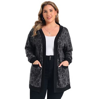 Women's Plus Size Cardigan Floral Print Contrasting Open Front Long Sleeve Cardigans with Pockets