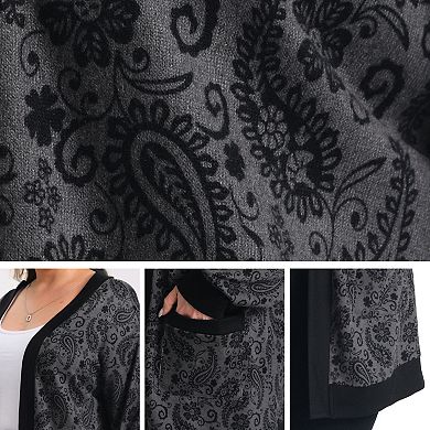 Women's Plus Size Cardigan Floral Print Contrasting Open Front Long Sleeve Cardigans with Pockets
