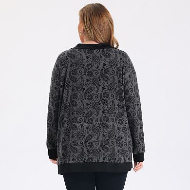 Women's Plus Size Cardigan Floral Print Contrasting Open Front Long Sleeve Cardigans with Pockets
