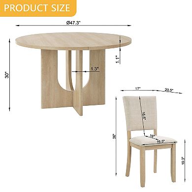 Pnronnc 5-Piece Dining Table Set, Round Wooden Kitchen Table with 4 Upholstered Chairs