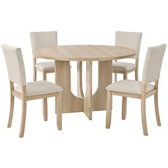 Pnronnc 5 pc Dining Table Set, Round Wooden Kitchen Table with 4 Upholstered Chairs