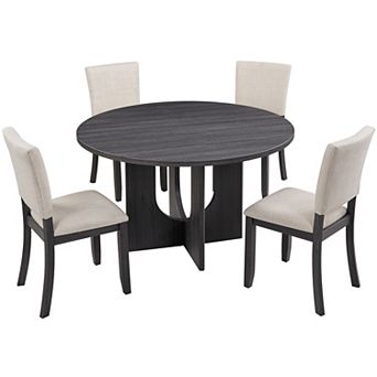 Pnronnc 5 pc Dining Table Set, Round Wooden Kitchen Table with 4 Upholstered Chairs