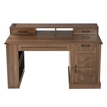 Pnronnc 55" Farmhouse Wood Home Office Desk Writing Desk with Barn Door and Charging Station