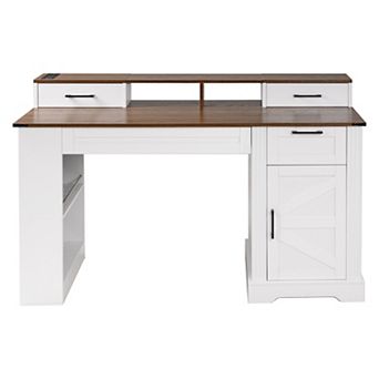 Pnronnc 55" Farmhouse Wood Home Office Desk Writing Desk with Barn Door and Charging Station
