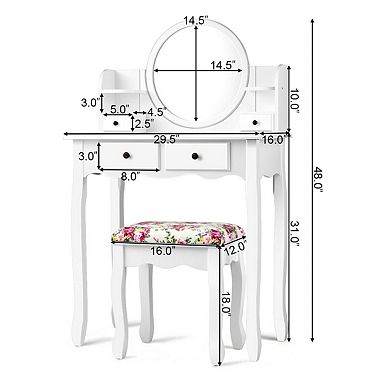 Makeup Vanity Table Set Girls Dressing Table with Drawers Oval Mirror-White