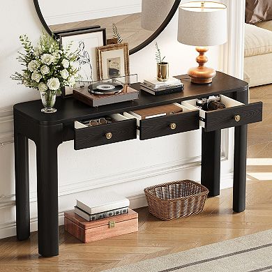 KWPZQEB Rustic Wood Console Table with Curved Corners Design & 3 Drawers for Hallway, Living Room