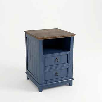 18" Night Stand with Charging Station, Blue Wooden Bedside Table Table with 2 Drawers,Bed Side Table