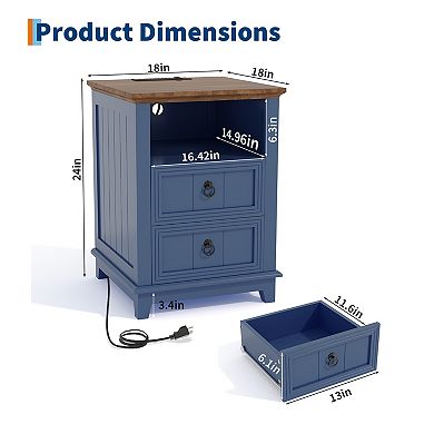18" Night Stand with Charging Station, Blue Wooden Bedside Table Table with 2 Drawers,Bed Side Table