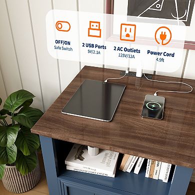 18" Night Stand with Charging Station, Blue Wooden Bedside Table Table with 2 Drawers,Bed Side Table