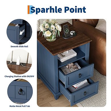 18" Night Stand with Charging Station, Blue Wooden Bedside Table Table with 2 Drawers,Bed Side Table