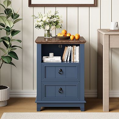 18" Night Stand with Charging Station, Blue Wooden Bedside Table Table with 2 Drawers,Bed Side Table