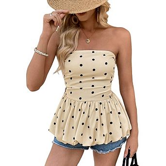 Women's Polka Dots Peplum Tube Top Strapless Puffy Flared Hem Tops