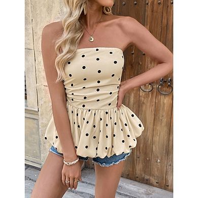 Women's Polka Dots Peplum Tube Top Strapless Puffy Flared Hem Tops