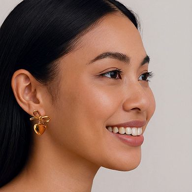 Women's Bow Stud Earrings with Metallic Heart Dangle Charm and Polished Modern Cute Design