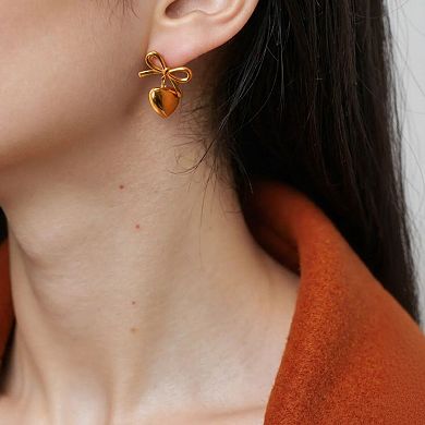 Women's Bow Stud Earrings with Metallic Heart Dangle Charm and Polished Modern Cute Design